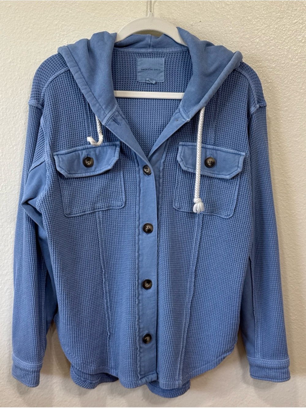 American Eagle Oversized Blue Hooded Waffle‎ Knit Shirt Jacket Size XS
